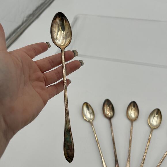 NEW ENGLAND SILVER-PLATE "Rosemary" Ice Tea Spoons 8” SET OF 6 FLORAL HERB Vtg - Picture 10 of 16